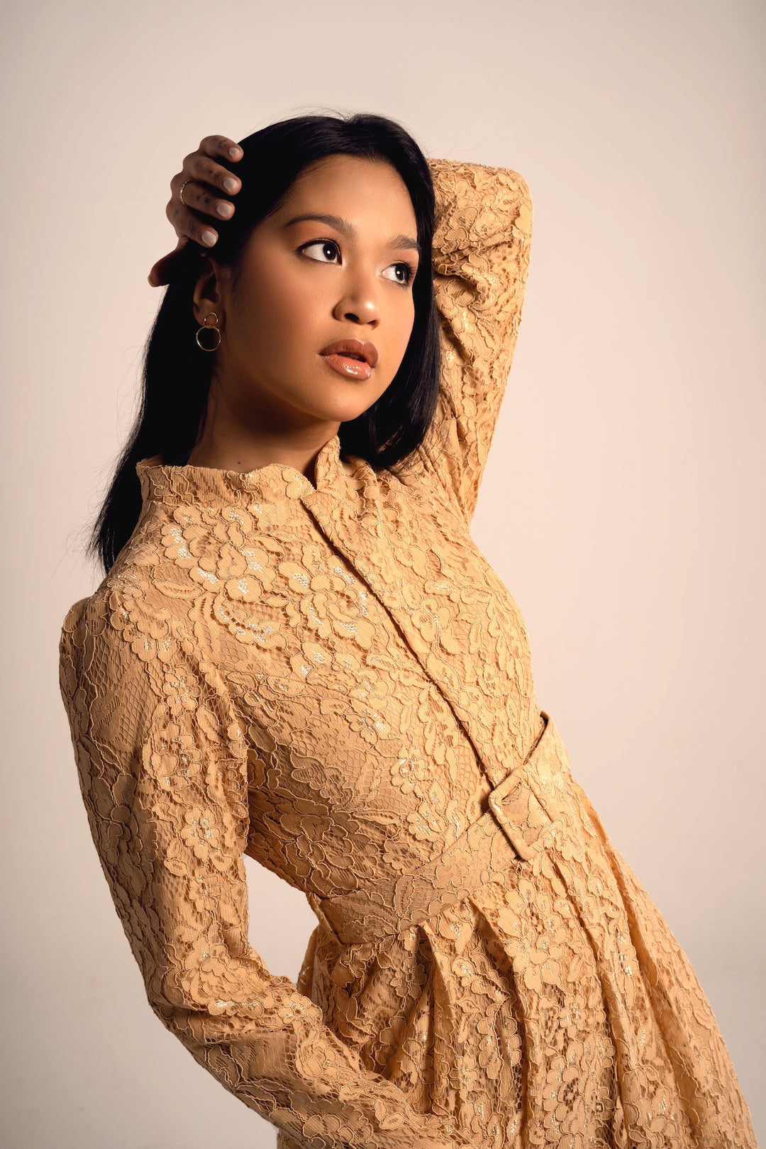 Beige Lace Long Soiree Dress