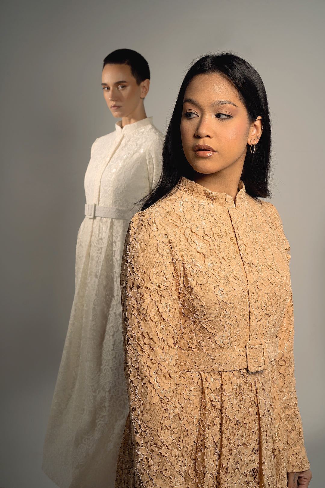 Beige Lace Long Soiree Dress