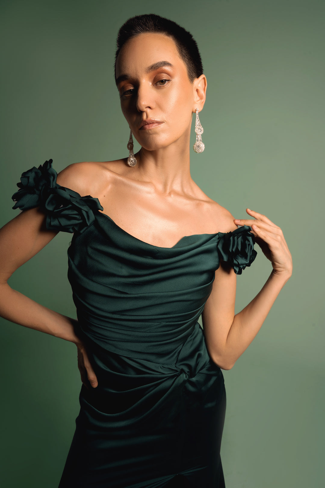 Green Satin Flowers Soiree Dress