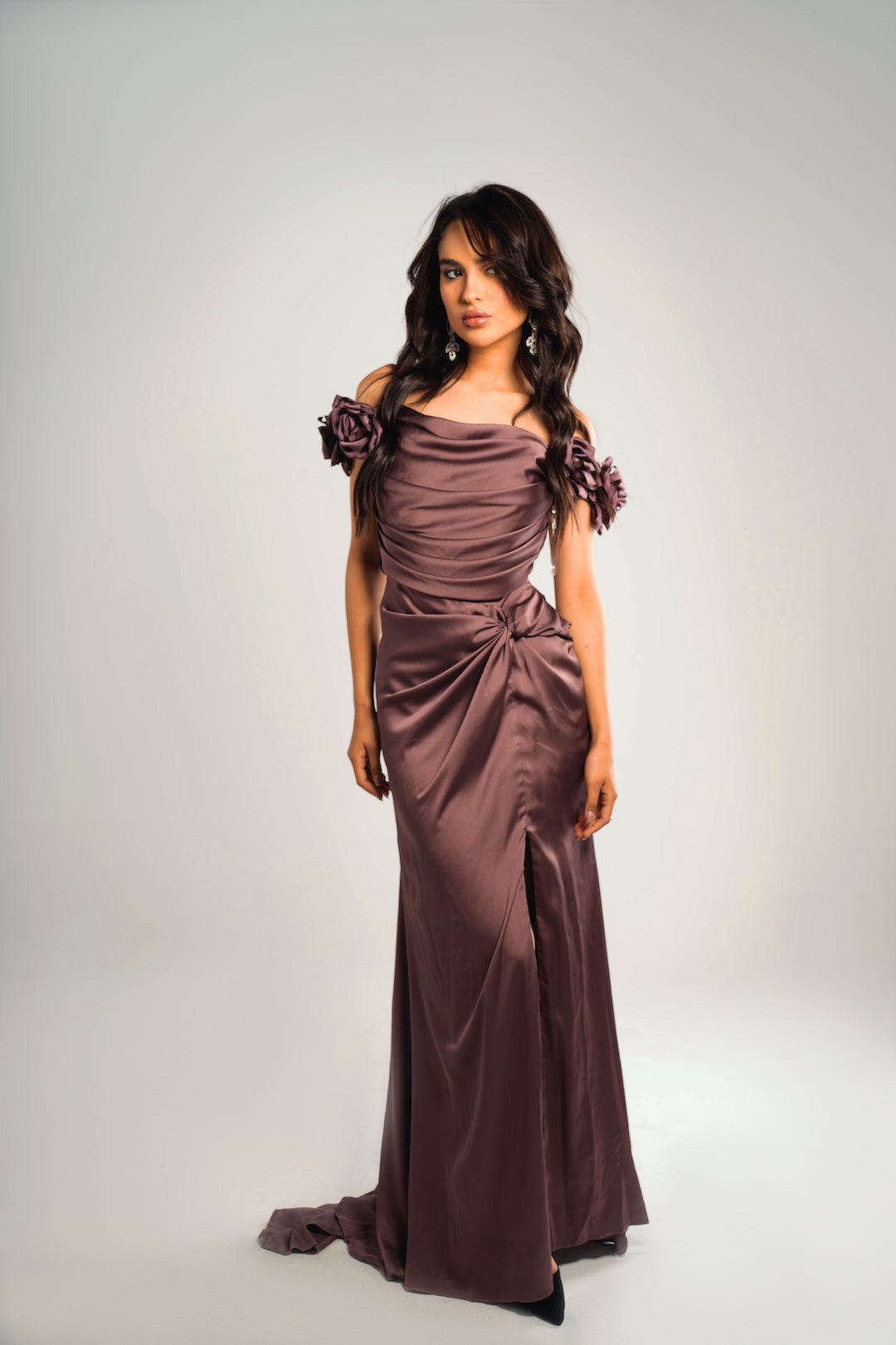 Purple Satin Flowers Soiree Dress