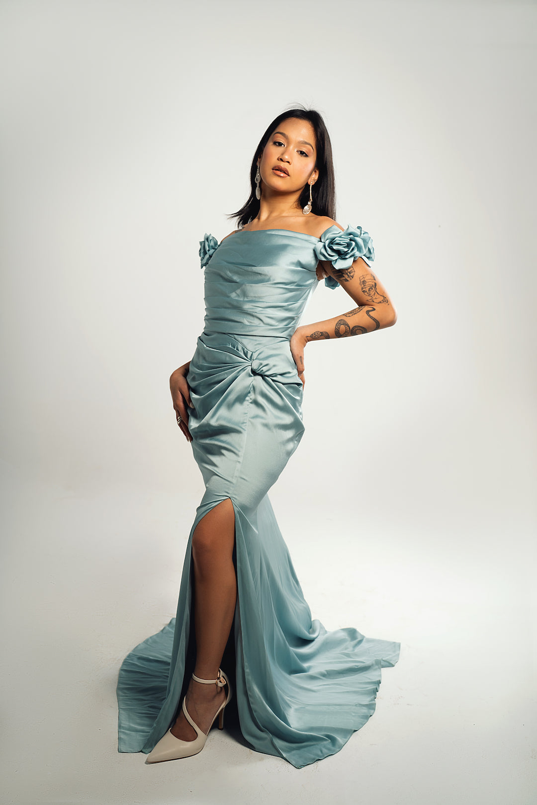 Blue Satin Flowers Soiree Dress