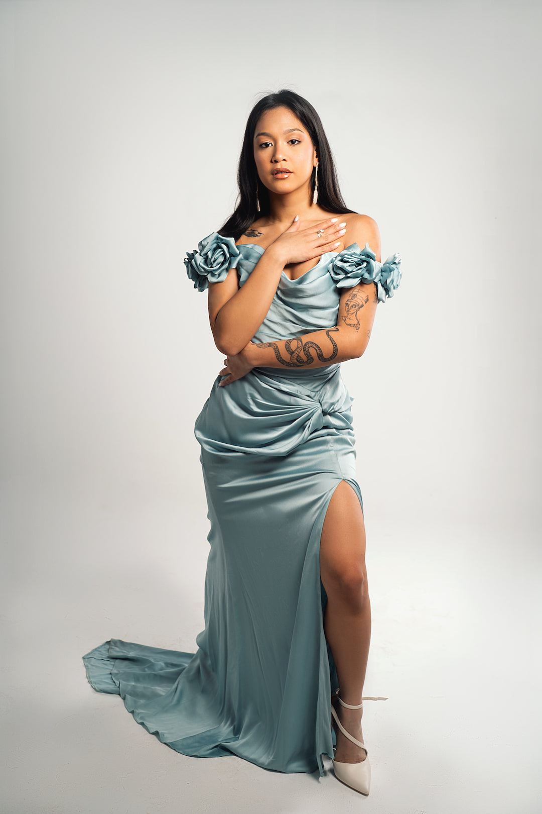 Blue Satin Flowers Soiree Dress