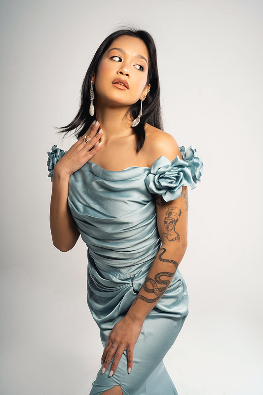 Blue Satin Flowers Soiree Dress