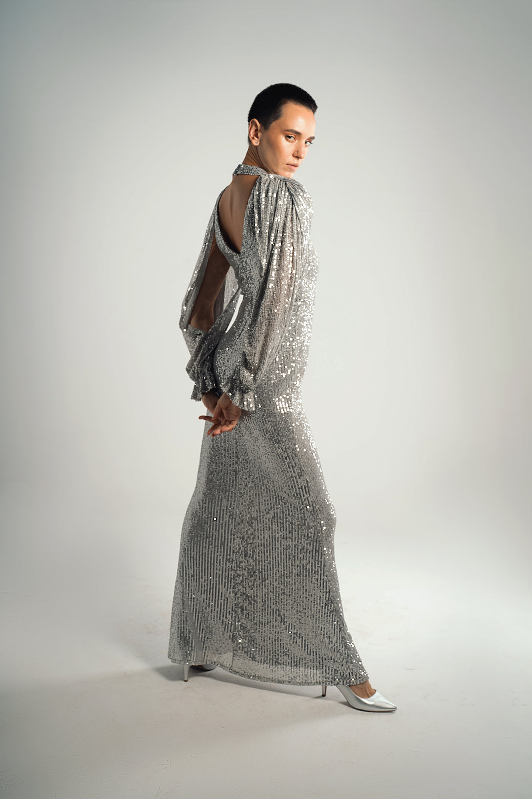Silver Harmla Sequence Soiree Dress
