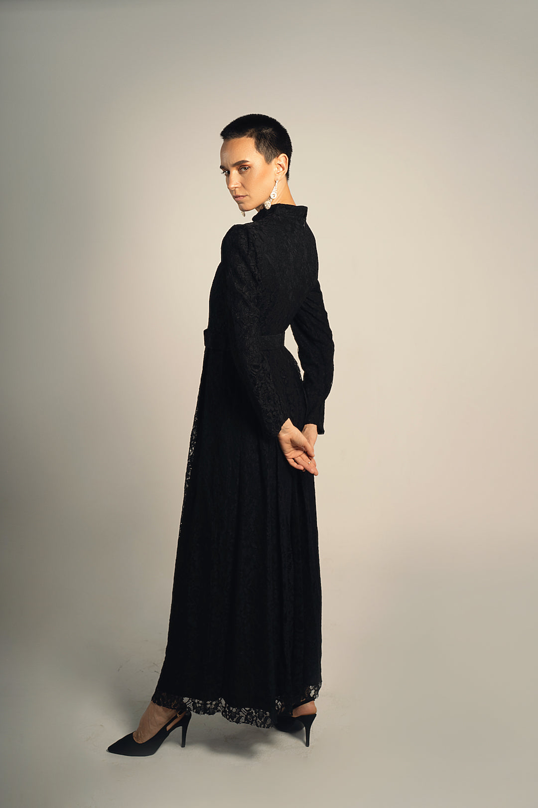 Black Lace Long Soiree Dress