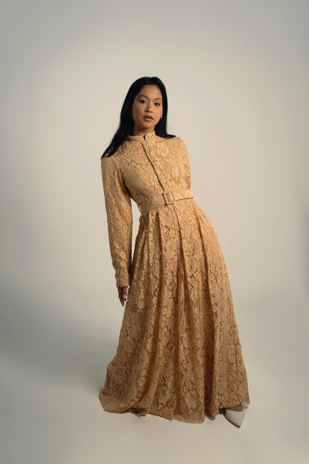 Beige Lace Long Soiree Dress