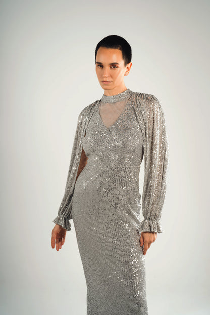 Silver Harmla Sequence Soiree Dress