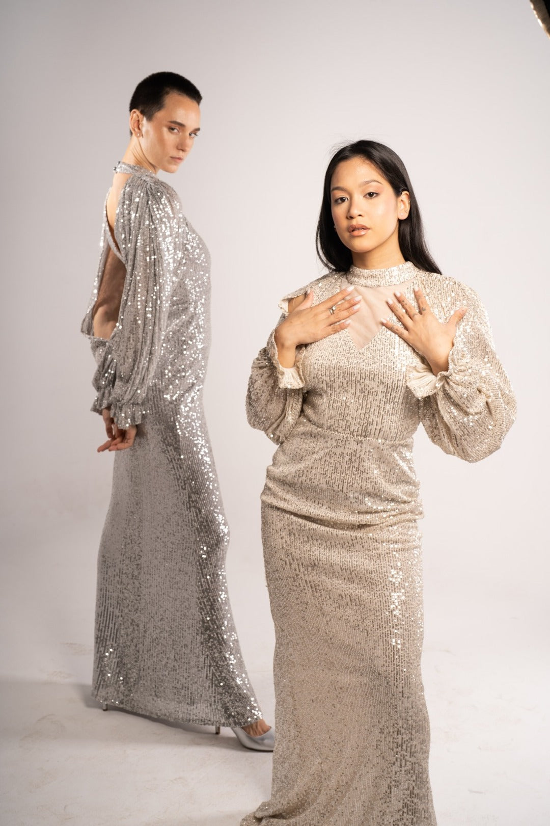 Beige Harmla Sequence Soiree Dress
