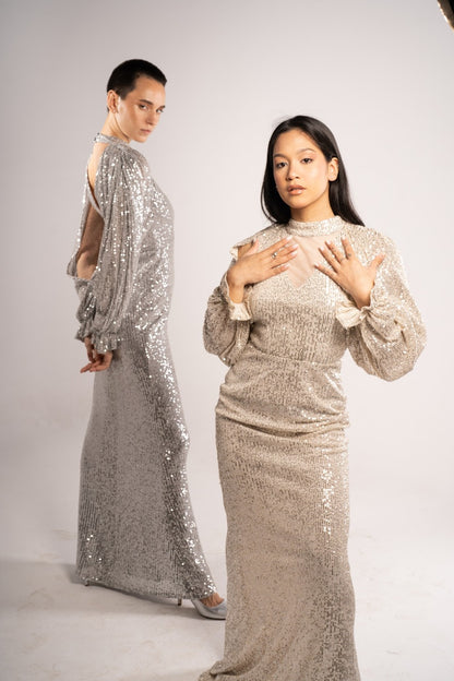 Beige Harmla Sequence Soiree Dress