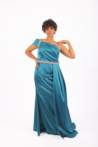 Lilly Satin Extension Soiree Dress with Belt